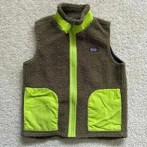 Patagonia Kids Brown and Neon Green Fleece Vest